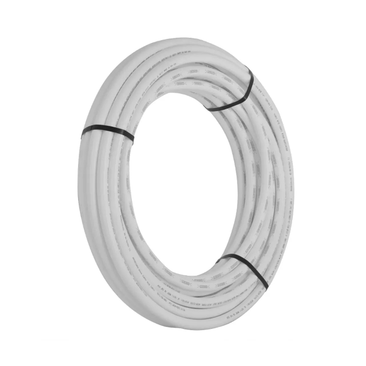 A 3/4 in. x 300 ft. white PEX Coil from Go Build, The Fastest Way To Build, made of cross-linked polyethylene, is coiled with two black ties and shown isolated on a white background.